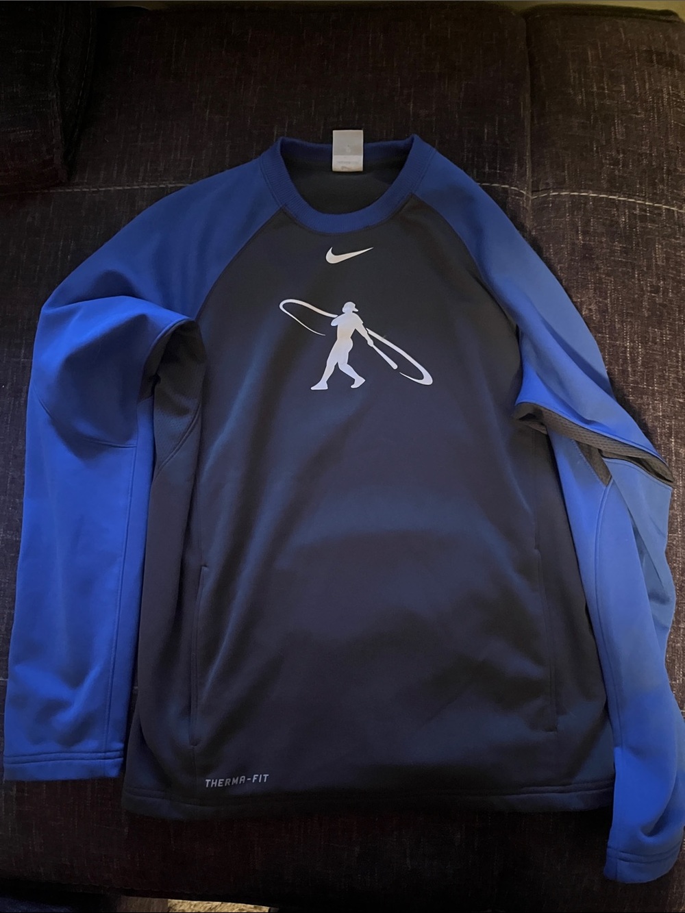 Nike Black and Royal Blue Athletic Therma-Fit Pullover with White Logo